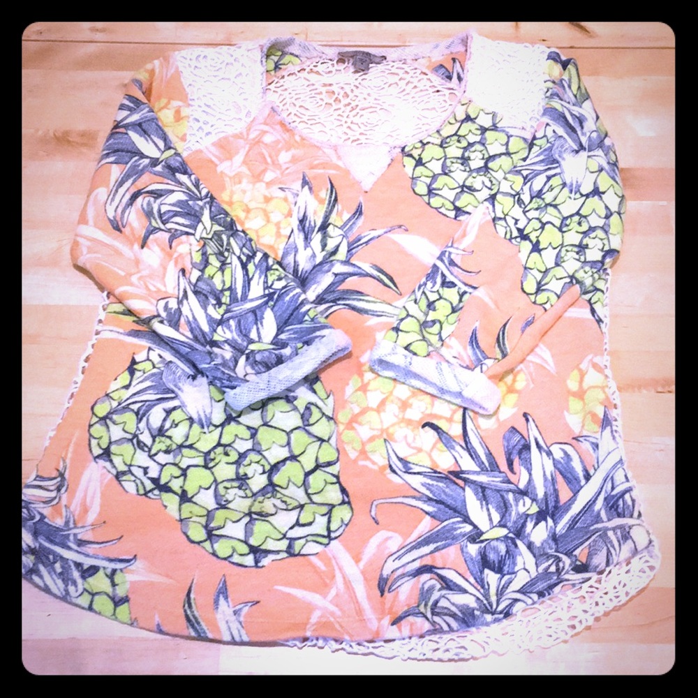 Tropical pineapple print top with lace back